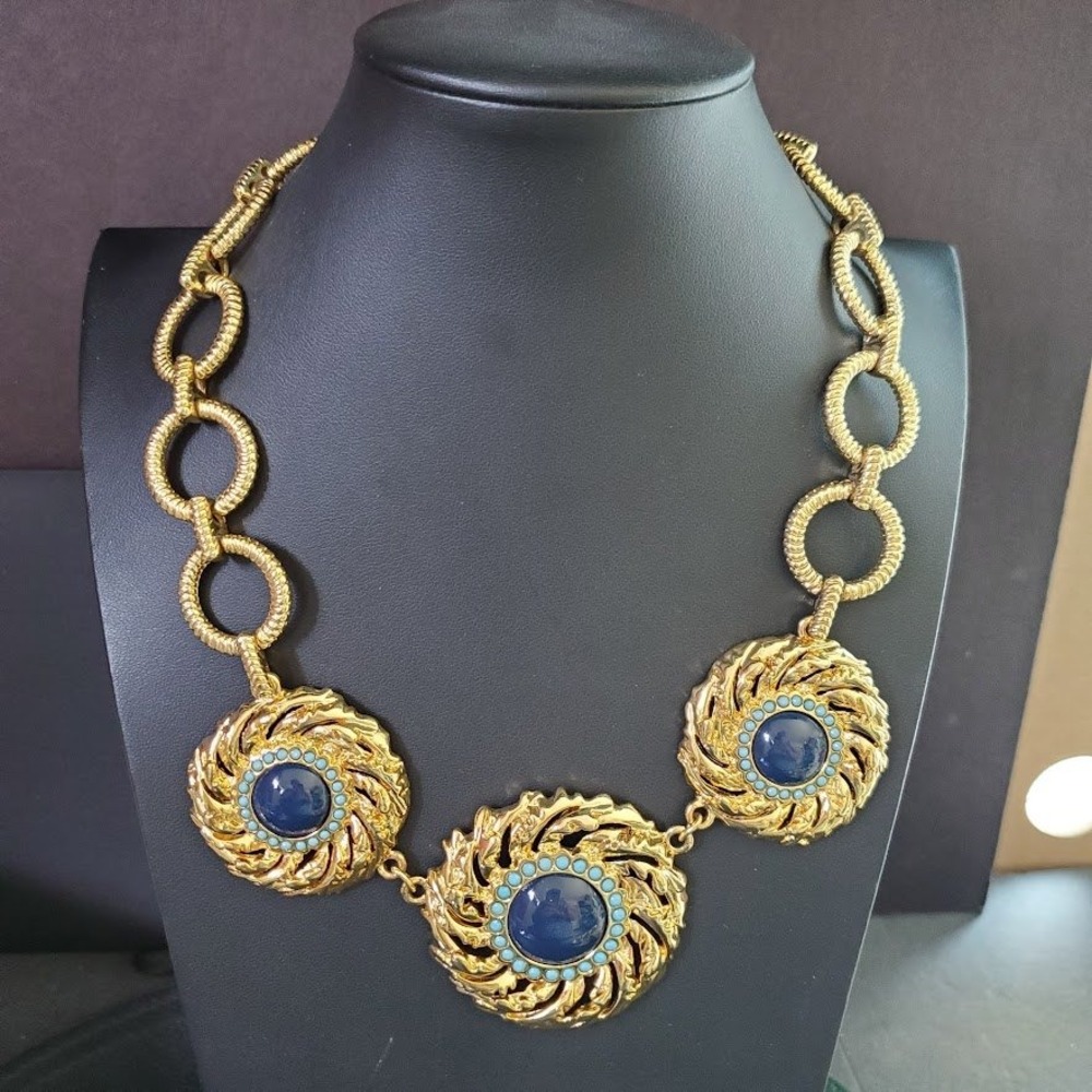 Lilly Pulitzer Womens Gold Tone Chunky Chain Statement Necklace Blue Cabochon